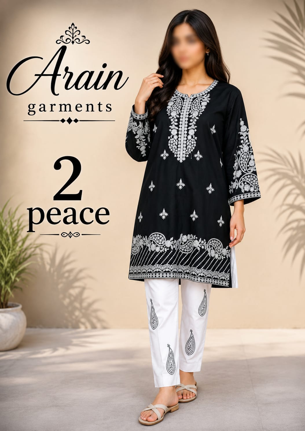 Arain Garments Black & White 2-Piece Embroidered Ladies Suit